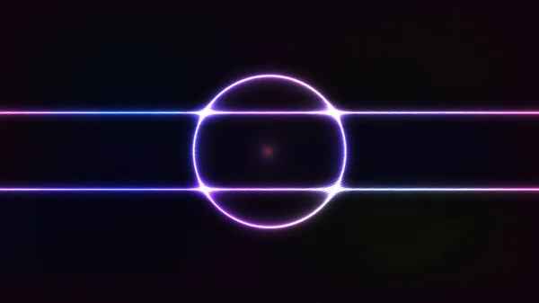 Photo abstract pathway with neon light circle reflecting, A bright neon circle in front. neon lights background theme.