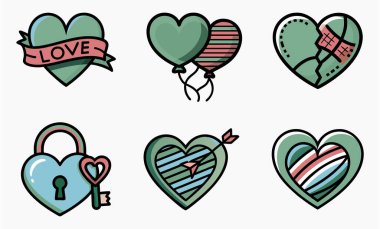 Modern Düz Tasarımda Biçimli Aşk ve Kalp Vektörü Simgeleri Romantik, Kırık Kalp, Kilit ve Balon Sembolleri