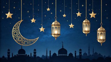 Altın Fenerli Zarif Ramazan Kareem Arkaplanı, Hilal Ay ve Cami Silüeti