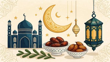 Elegant Ramadan Kareem Background with Golden Lanterns, Crescent Moon, and Mosque Silhouette clipart