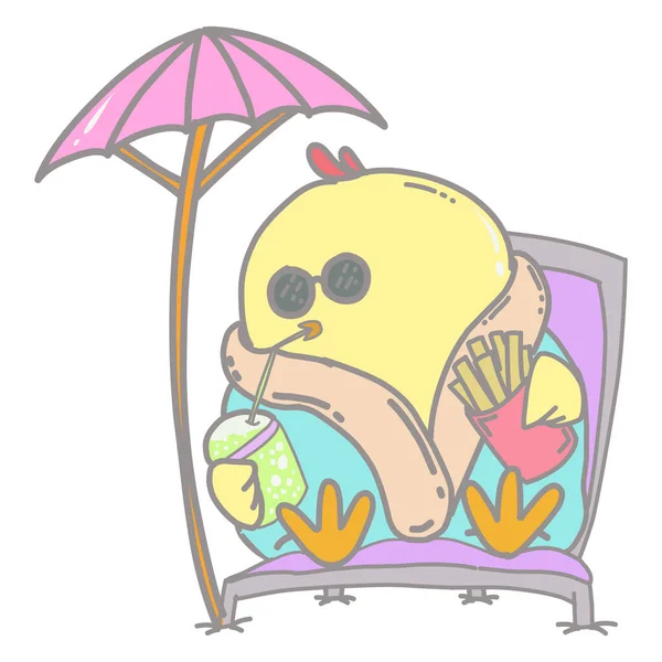 かわいい黄色のひよこ漫画のイラスト ビーチで日光浴 ステッカー アニメーション文字 アイコン キーチェーン お土産に適しています — ストックベクタ