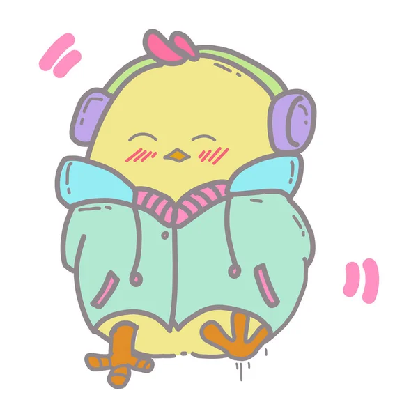 Cartoon Illustration Cute Yellow Chick Listening Music Suitable Stickers Animated — Stock Photo, Image