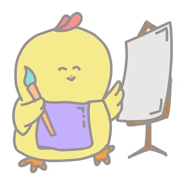 Ilustrace Roztomilé Žluté Kreslené Kuřátko Držící Štětec Vhodné Pro Samolepky — Stockový vektor