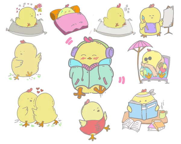 Collection Cartoon Illustrations Cute Yellow Chicks Various Expressions Costumes Suitable — Stock Vector