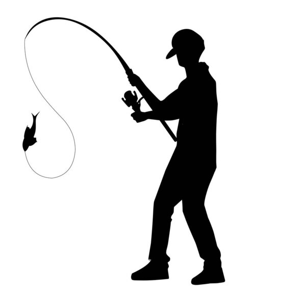 Иллюстрация силуэта человека, рыбачащего. Перфект для логотипов, букв, стикеров и т.д. с темой рыбалки, рыболовства и т.д..