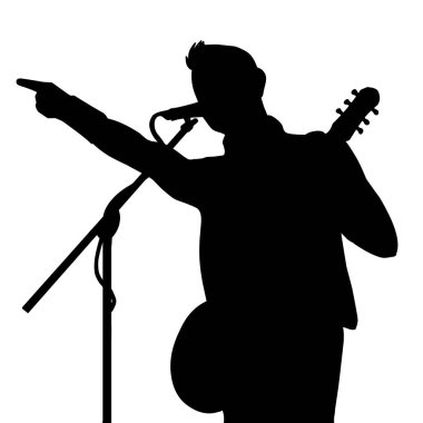 Gitar veya konser çalan insanların siluet tasarımı çizimi. Poster, web sitesi, afiş, kitap kapağı, davetiye, video, etiket veya dövme öğeleri için mükemmel.