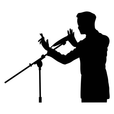 Beyaz arka planda konuşma yapan bir adamın silüeti. Çıkartmalar, logolar, simgeler ve dövmeler için mükemmel