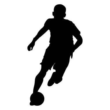 Beyaz arka planda top süren bir futbolcunun silueti. Logolar, simgeler, çıkartmalar ve dövmeler için mükemmel