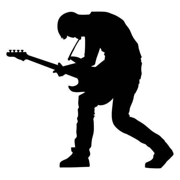 Beyaz arka planda, dövmeler, logolar, simgeler, çıkartmalar, reklamlar için uygun bir elektro gitaristin siluet görüntüsü
