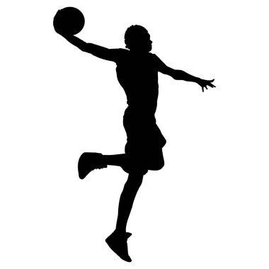 Beyaz arka planda smaç basan bir basketbolcunun silueti. Çıkartmalar, dövmeler, simgeler, logolar ve reklamlar için mükemmel.