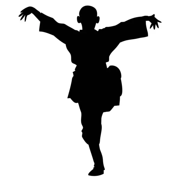 Beyaz arka planda tek ayak üzerinde duran kung fu ustasının silueti. Logolar, simgeler ve dövmeler için mükemmel.