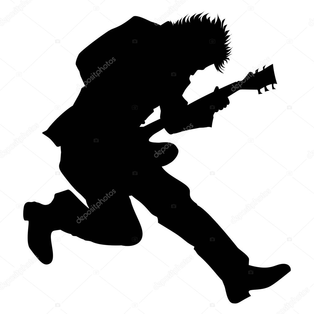 Silhouette image of an electric guitar player on a white background, suitable for tattoos, logos, icons, stickers, advertising