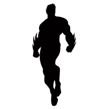 Beyaz arka planda uçan bir süper kahramanın silueti. Çıkartmalar, logolar, simgeler ve dövmeler için uygun