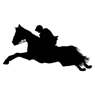 Beyaz arka planda atlayan bir binicinin silueti. Çıkartmalar, simgeler, dövmeler, logolar için mükemmel