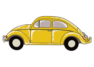 Sarı kurbağa arabası ya da Volkswagen Beetle tasarımı. Çıkartmalar, simgeler, logolar, poster elemanları ve afişler için mükemmel