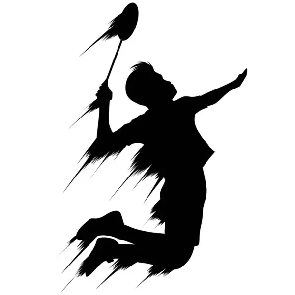 Badminton 'lu bir atletin silueti büyük bir atlayış yapıyor. Çıkartmalar, dövmeler, reklamlar, web siteleri için mükemmel