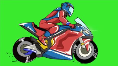 Yeşil arka planda Grand Prix Moto yarışçısının çizgi film animasyonu. Çekimler, filmler, reklamlar ve sunumlar için mükemmel.