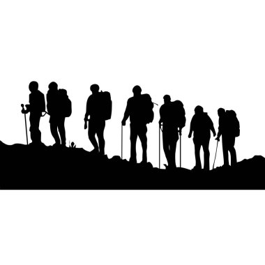 Yedi dağcının silueti. Çıkartmalar, simgeler, reklam ögeleri veya süsler için mükemmel.