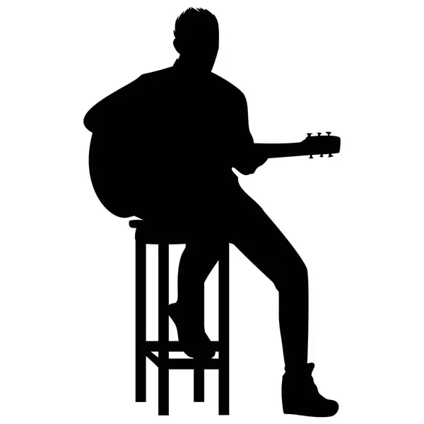 Gitaristin silueti uzun bir sandalyede oturuyor. Çıkartmalar, simgeler ve elementler ya da reklam süslemeleri için mükemmel