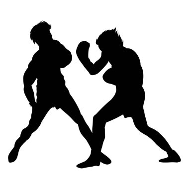 İki boks atletinin siluetleri yarışıyor. Çıkartmalar, reklamlar ve simgeler için mükemmel.