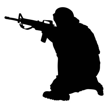 Çömelmiş ve tüfeği nişan almış bir insan silueti. Askeri ya da taktiksel çizimler, çıkartmalar, dövmeler, şapka ve gömlek tasarımları için mükemmel..