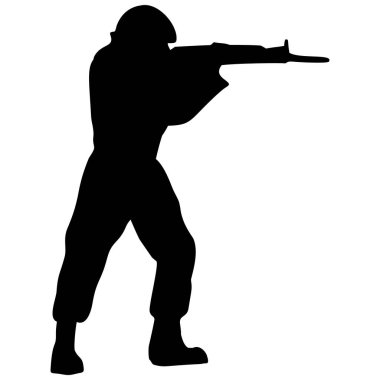 Bir askerin silueti tüfeği doğrultuyor. Savunma ve güvenlik teması için askeri eylem illüstrasyonu, çıkartma, dövme, şapka ve gömlek tasarımları için uygun.