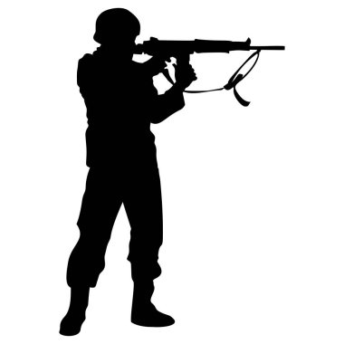 Hafif makineli tüfekle nişan alan bir askerin silueti. Güvenlik ve savunma temaları için askeri illüstrasyon.