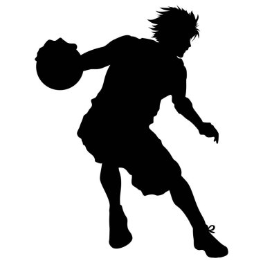 Top süren bir basketbolcunun dinamik siyah silueti.
