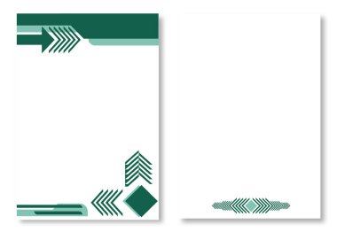 İki soyut antetli tasarım, modern sayfa şablonları ile yeşil oklar ve temiz beyaz arka planda geometrik tasarımlar. Modern ve çekici tasarım elementleri. Modern antet tasarım şablonları