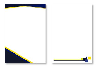 İki soyut antetli tasarım, temiz beyaz arka planda mavi ve sarı geometrik tasarımlı profesyonel sayfa şablonları. Modern ve çekici tasarım elementleri. Modern antet tasarım şablonları