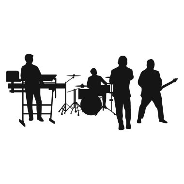Siluetli bando, bateri, gitar ve klavye de dahil olmak üzere müzik enstrümanları çalarak, müzik ve eğlence endüstrisi görselleri için beyaz arka plan ideallerine karşı monokromatik siyah olarak sunulmaktadır..