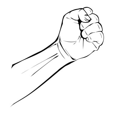 Siyah ve beyaz çizgi sanatında afişler, sosyal medya grafikleri ve tasarım şablonları için mükemmel beyaz bir arkaplan karşısında kararlılık ve güç gösteren yükseltilmiş yumruk..
