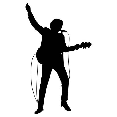 Bir gitaristin silueti kolları havada bir mikrofona şarkı söylüyor, bembeyaz bir zemin üzerinde siyah bir forma bürünmüş, enerji ve tutku iletiyor, müzik ve performans temaları için harika..
