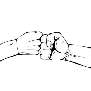 Motivasyonel ve tasarım projelerinde kullanım için takım çalışması, ortaklık ve işbirliği içeren grafik, siyah ve beyaz çizgili bir sanat çizgisi çiziminde iki yumruk çarpışıyor.