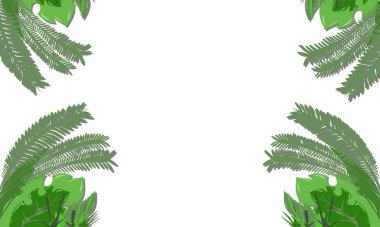 Köşelerde tropikal yeşil yapraklar, parlak ışıklandırma ile beyaz bir zemin oluşturan bir çerçeve oluşturarak dekoratif tasarım projeleri için sakinleştirici ve doğal bir atmosfer sağlar..