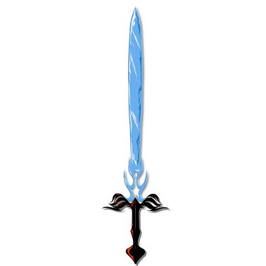 Çarpıcı bir açık mavi bıçak ve siyah süslemeli kılıç beyaz arka planda tasvir edilir, oyun ve kurgusal temalar için dramatik, fantezi esinlenilmiş bir görüntü yaratır..