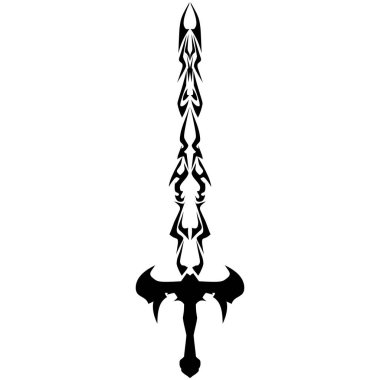 Biçimlendirilmiş kılıç tasarımı beyaz arka planda simetrik siyah süslemeler içerir. Dövme tasarımı, oyun sanatı veya fantezi kavramları için uygun cesur bir grafik çizimi oluşturur..