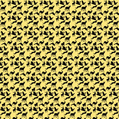 Siyah siluetli geyik ve kuşlar soluk sarı bir zemin boyunca tekrarlayarak, arka plan ve tasarımlar için uygun doğal ve kırsal bir estetik ile yoğun bir şablon oluştururlar..