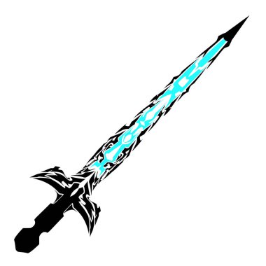 Siyah kabzalı ve cyan bıçaklı süslü bir fantezi kılıcı, beyaz arka planda parıldar. Fantezi temalı tasarımlar için dramatik ve grafik bir illüstrasyon yaratır..