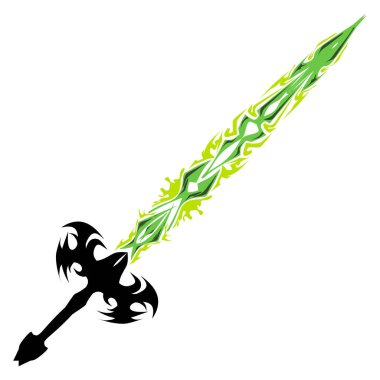 Süslü, uzun yeşil bıçaklı bir kılıç ve beyaz arka planda sunulan karmaşık bir siyah kabza oyun kavramları için ideal bir fantezi estetiği taşır..