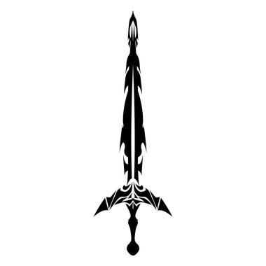 Beyaz bir arkaplan karşısında siyah kılıçla detaylı tasvir klasik bir siluet ve temiz tasarım sunar, fantezi temalar ve tarihi projeler için idealdir..