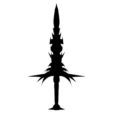 Şekillendirilmiş siyah kılıç, düz beyaz bir arkaplana karşı duruyor. Fantezi grafikleri, oyun varlıkları veya tasarım unsurları için uygun güçlü, basit bir siluet oluşturuyor..