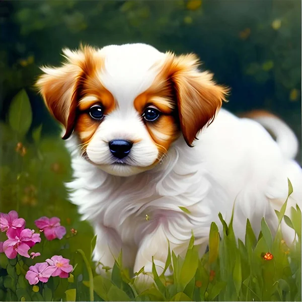 Malý Pes Vypadá Bílá Žlutá Barva Velmi Krásná Stojící Kolem — Stock fotografie