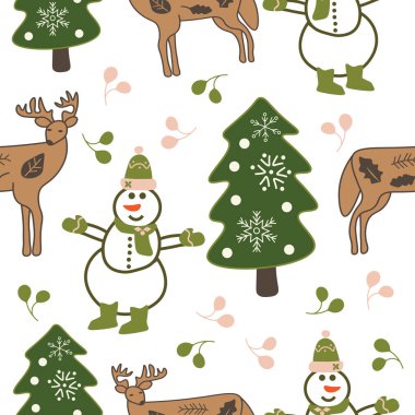 Winter-themed seamless repeat pattern. Vector illustrations on white background with a snowman, tree, and deer 