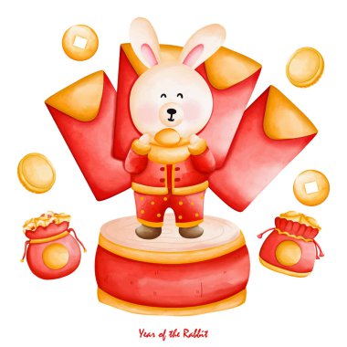 Geleneksel Çin kostümü içinde şirin bir tavşan, Cheongsam elbisesi, haham yılı.