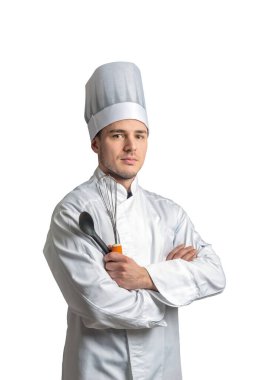 Portrait of a young cook isolated on white background