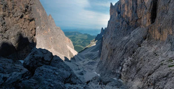 Dolomites Italia Panorama Puncak Sassolungo Dan Kelompok Sassopiatto Selva Val Stok Gambar Bebas Royalti