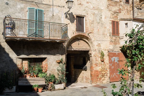 Asciano Tuscany Facade Old Medieval House Stok Lukisan  