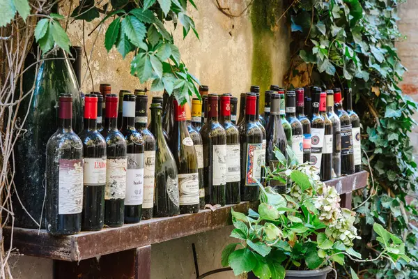 Buonconvento, Siena, İtalya - 24 Ağustos 2024: Tarihi merkezin ana caddesi boyunca bir şarap dükkanının önündeki rafta boş şarap şişeleri