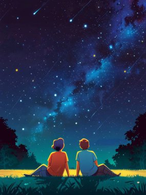 Yıldızlarla ve kayan yıldızlarla dolu bir gece gökyüzüne bakan bir çift.